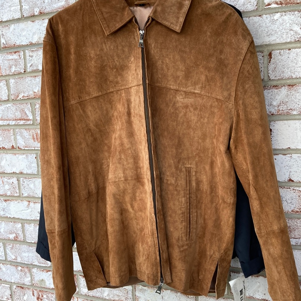 Mens real suede double zipper coat with front pockets and slit bottom